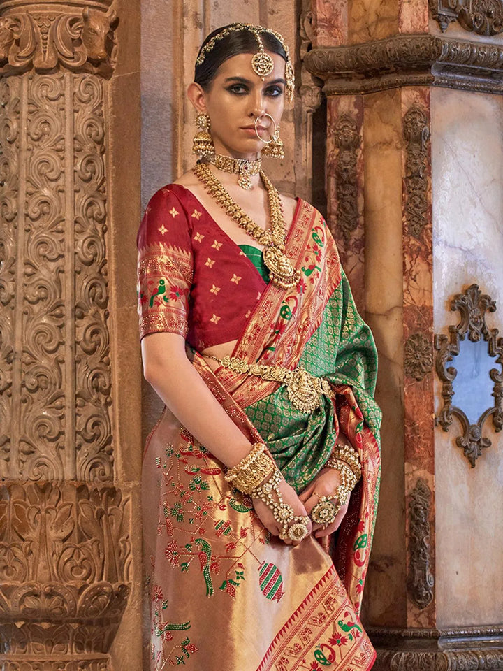 Wedding Wear Dark Green Woven Banarasi Silk Saree - VJV Now