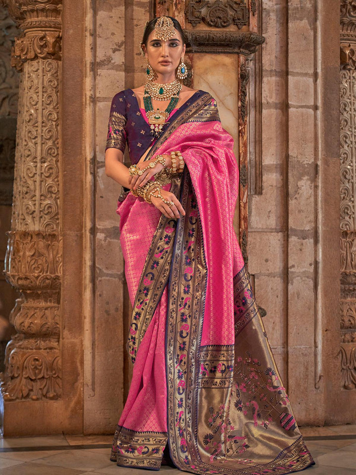 Wedding Wear Dark Pink Woven Banarasi Silk Saree - VJV Now