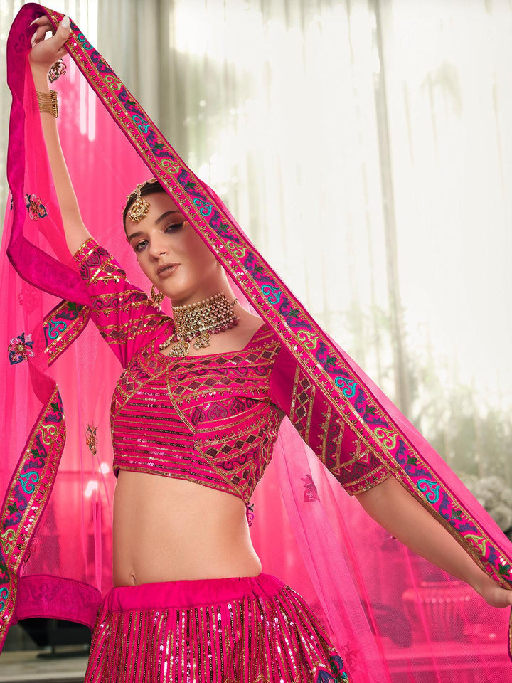 Wedding Wear Deep Pink Art Silk Sequins Embroidered Umbrella Lehenga - VJV Now