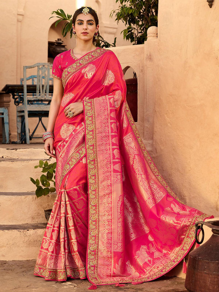 Wedding Wear Deep Pink Banarasi Silk Saree - VJV Now