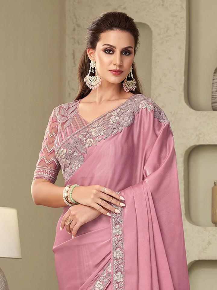 Wedding Wear Deep Pink Embroidered Border Chiffon Silk Saree - VJV Now