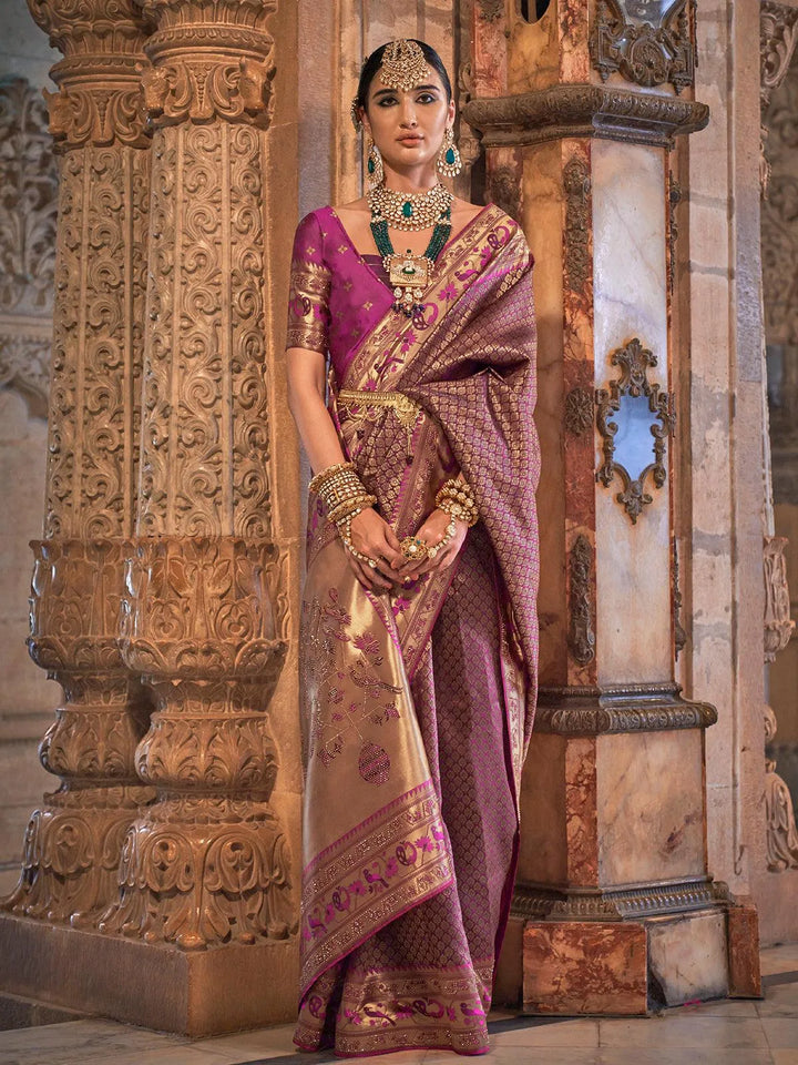 Wedding Wear Dusty Pink Woven Banarasi Silk Saree - VJV Now