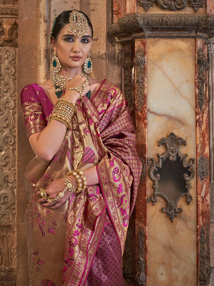 Wedding Wear Dusty Pink Woven Banarasi Silk Saree - VJV Now