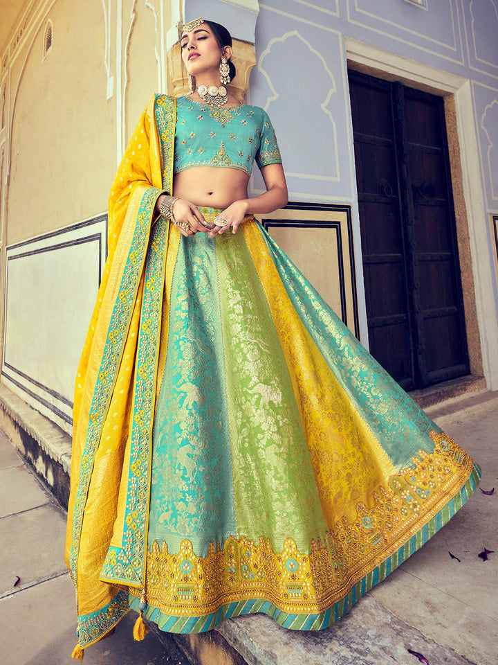 Wedding Wear Firozi Yellow Pista Art Silk Sequins Embroidered Umbrella Lehenga - VJV Now