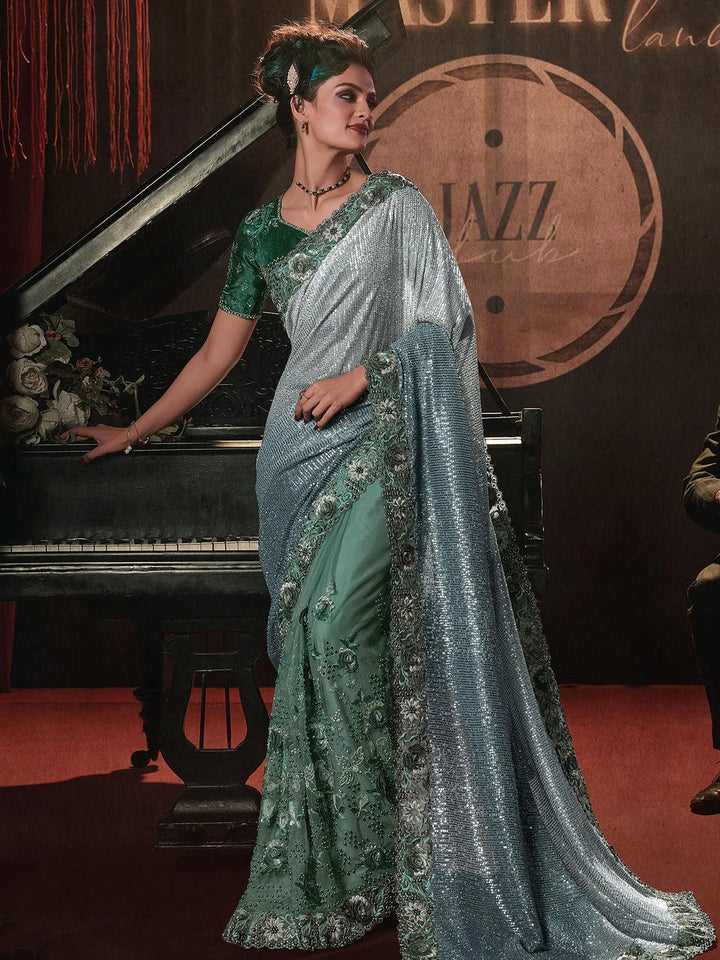 Wedding Wear Green Embroidered Net Saree With Sequence Moti & Flower Heavy Work - VJV Now