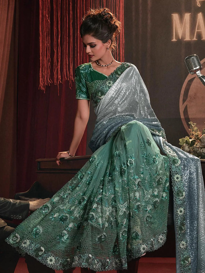 Wedding Wear Green Embroidered Net Saree With Sequence Moti & Flower Heavy Work - VJV Now