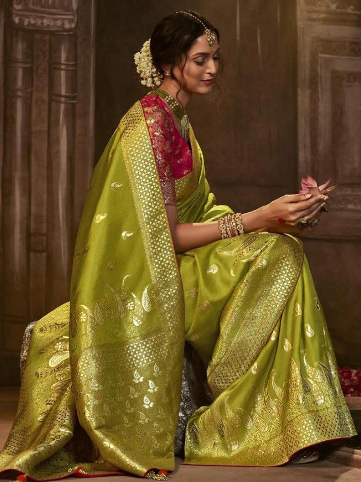 Wedding Wear Green Georgette Banarasi Dola Silk Saree - VJV Now