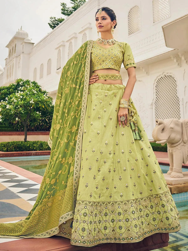 Wedding Wear Green Georgette Embroidered Umbrella Lehenga Choli - VJV Now