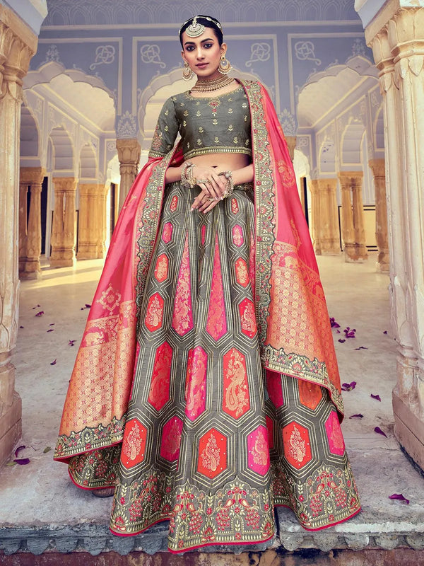 Wedding Wear Grey Gajari Art Silk Sequins Embroidered Umbrella Lehenga - VJV Now