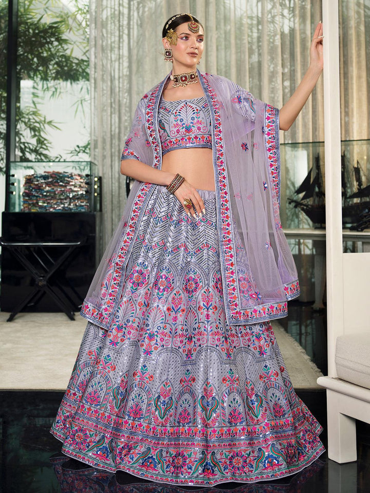 Wedding Wear Lavender Art Silk Sequins Embroidered Umbrella Lehenga - VJV Now