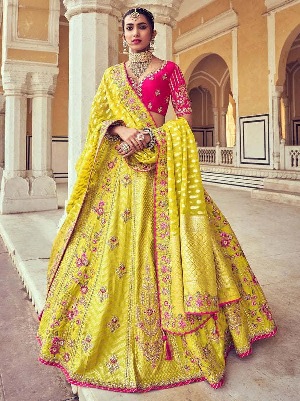 Wedding Wear Lemon Art Silk Sequins Embroidered Umbrella Lehenga - VJV Now