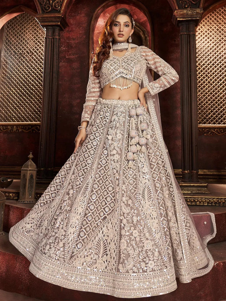 Wedding Wear Light Beige Organza Embroidered Net Bridal Umbrella Lehenga Coli - VJV Now