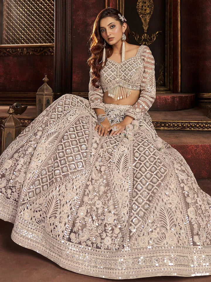 Wedding Wear Light Beige Organza Embroidered Net Bridal Umbrella Lehenga Coli - VJV Now