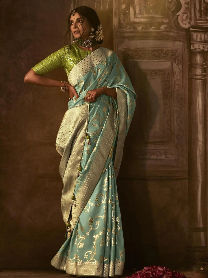 Wedding Wear Light Green Georgette Banarasi Dola Silk Saree - VJV Now