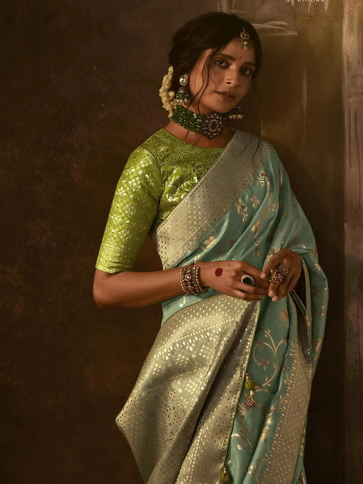 Wedding Wear Light Green Georgette Banarasi Dola Silk Saree - VJV Now