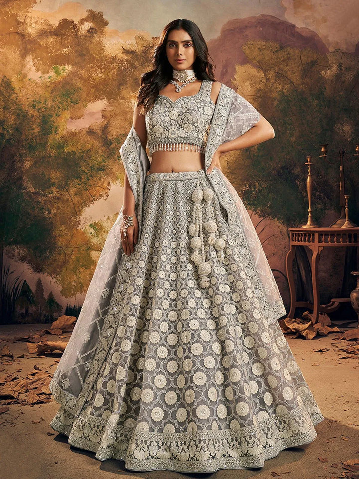 Wedding Wear Light Grey Net Embroidered Umbrella Lehenga Choli - VJV Now