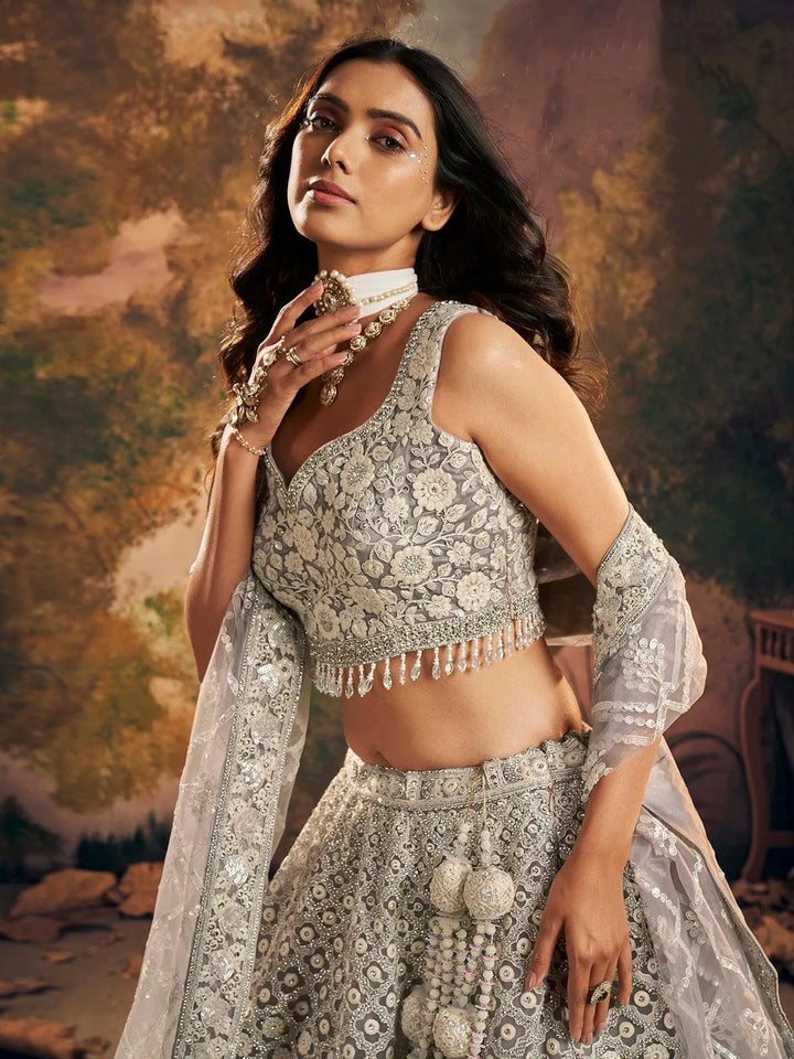 Wedding Wear Light Grey Net Embroidered Umbrella Lehenga Choli - VJV Now