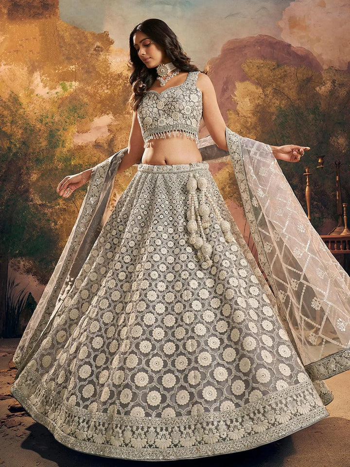 Wedding Wear Light Grey Net Embroidered Umbrella Lehenga Choli - VJV Now