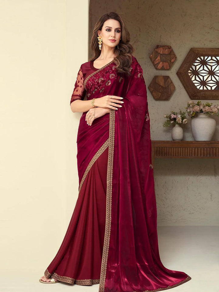 Wedding Wear Maroon Embroidered Border Chiffon Silk Saree - VJV Now