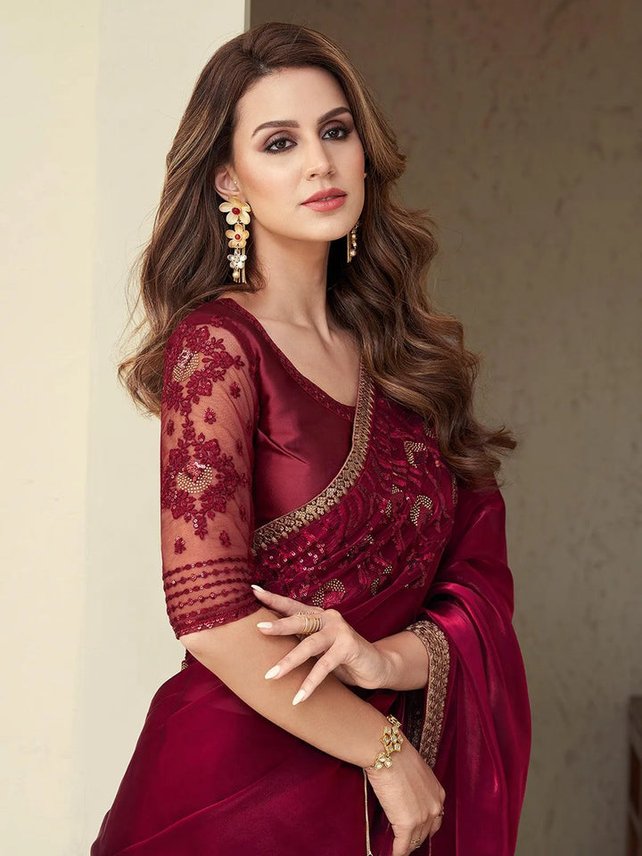 Wedding Wear Maroon Embroidered Border Chiffon Silk Saree - VJV Now