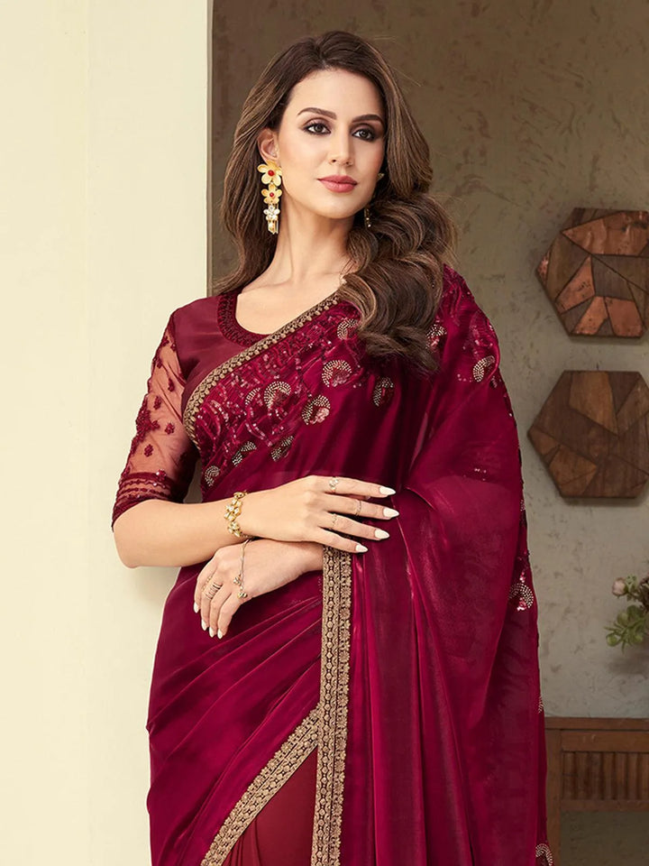 Wedding Wear Maroon Embroidered Border Chiffon Silk Saree - VJV Now