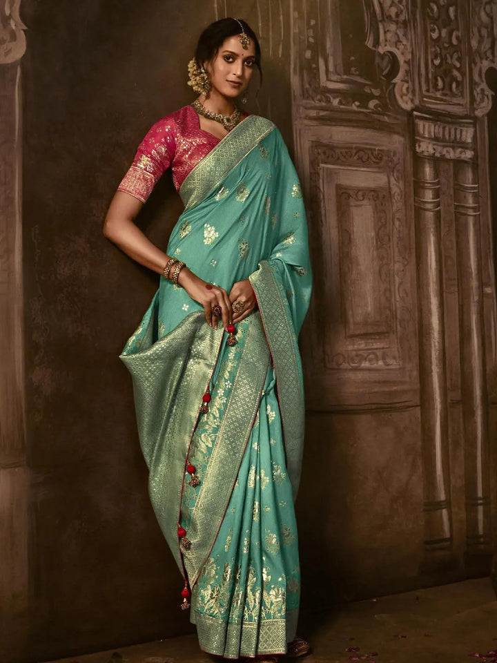 Wedding Wear Mint Georgette Banarasi Dola Silk Saree - VJV Now