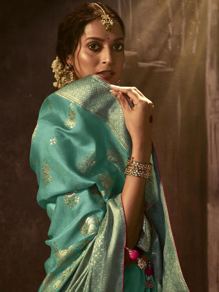 Wedding Wear Mint Georgette Banarasi Dola Silk Saree - VJV Now