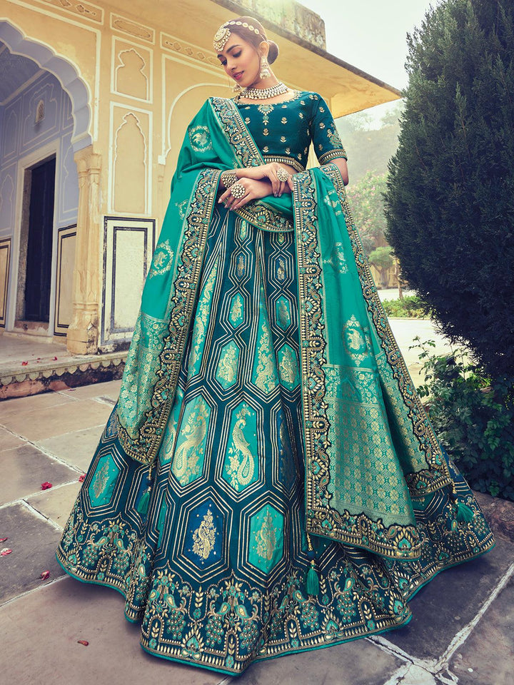 Wedding Wear Morpich Rama Art Silk Sequins Embroidered Umbrella Lehenga - VJV Now