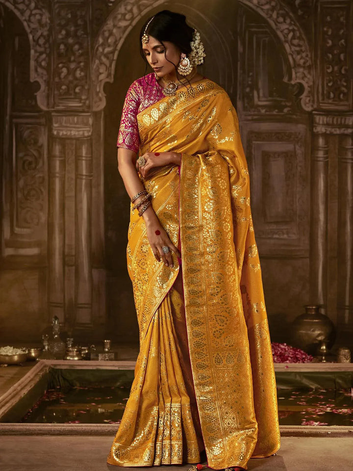 Wedding Wear Mustard Georgette Banarasi Dola Silk Saree - VJV Now