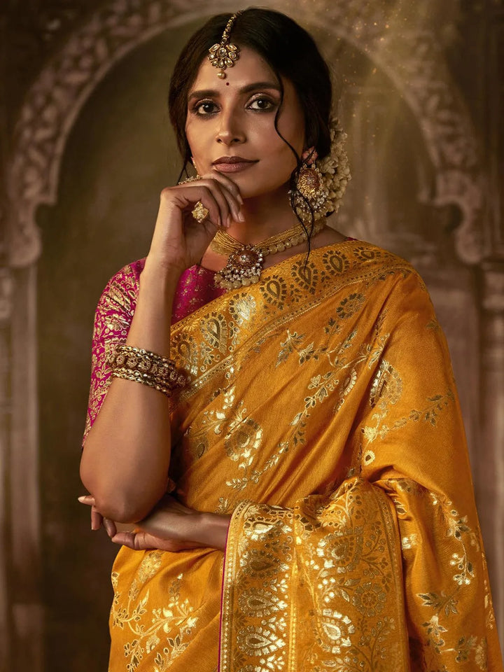 Wedding Wear Mustard Georgette Banarasi Dola Silk Saree - VJV Now