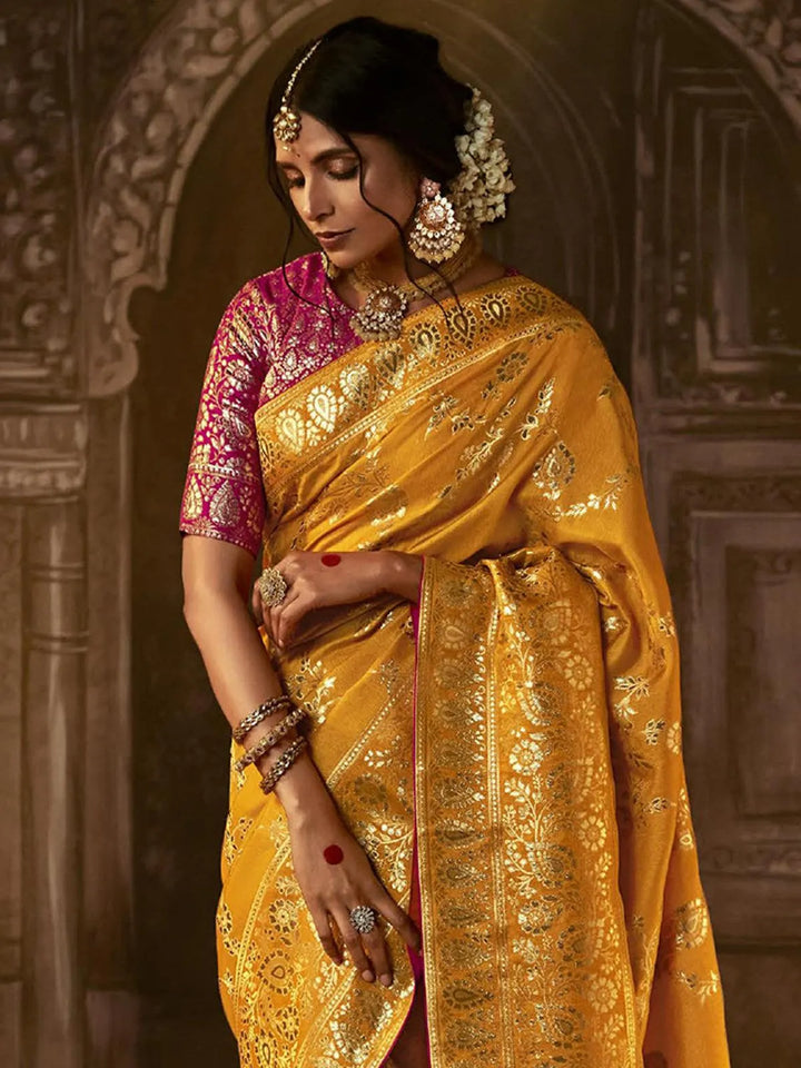 Wedding Wear Mustard Georgette Banarasi Dola Silk Saree - VJV Now