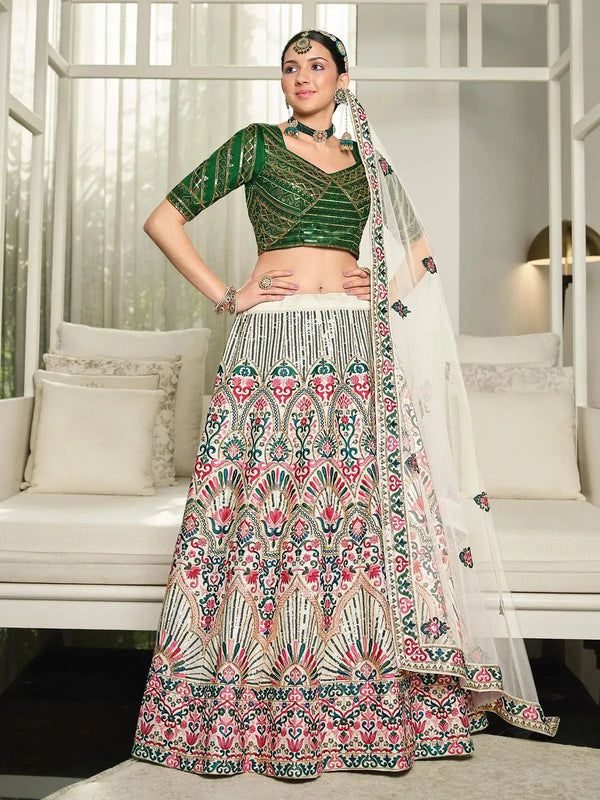 Wedding Wear Off White Art Silk Sequins Embroidered Umbrella Lehenga - VJV Now