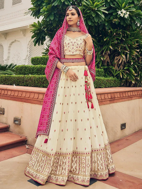 Wedding Wear Off White Georgette Embroidered Umbrella Lehenga Choli - VJV Now