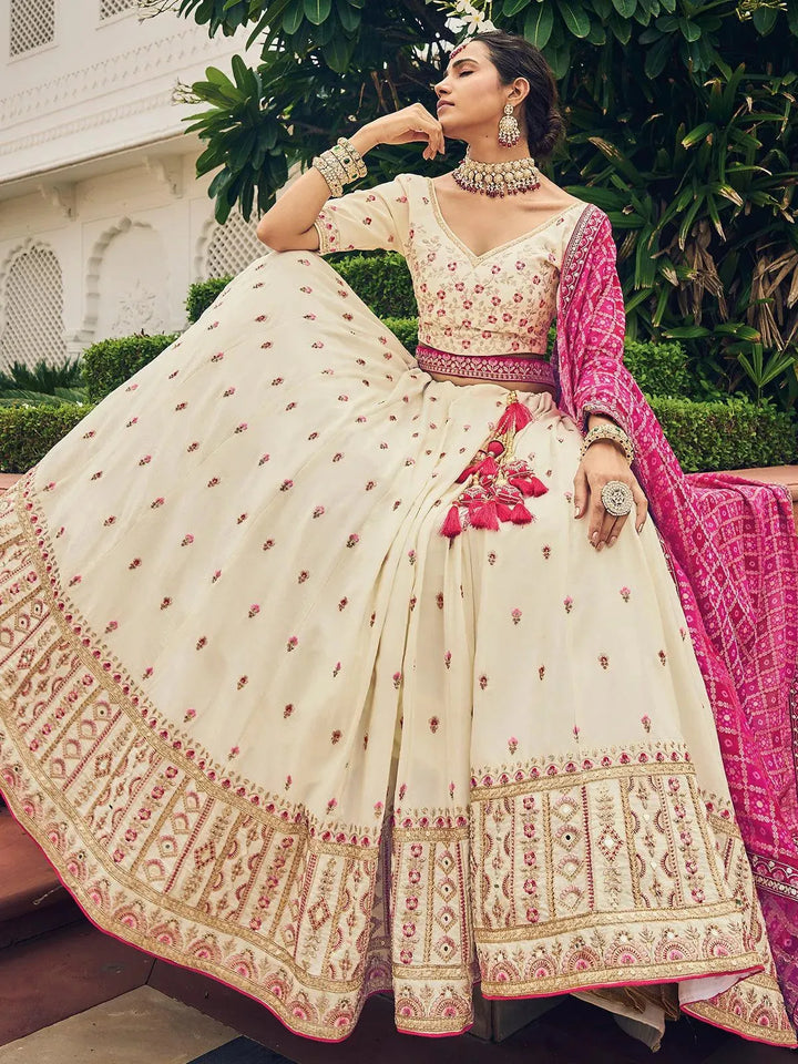 Wedding Wear Off White Georgette Embroidered Umbrella Lehenga Choli - VJV Now