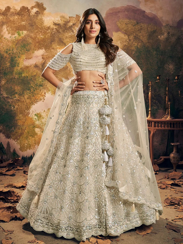 Wedding Wear Off White Net Embroidered Umbrella Lehenga Choli - VJV Now