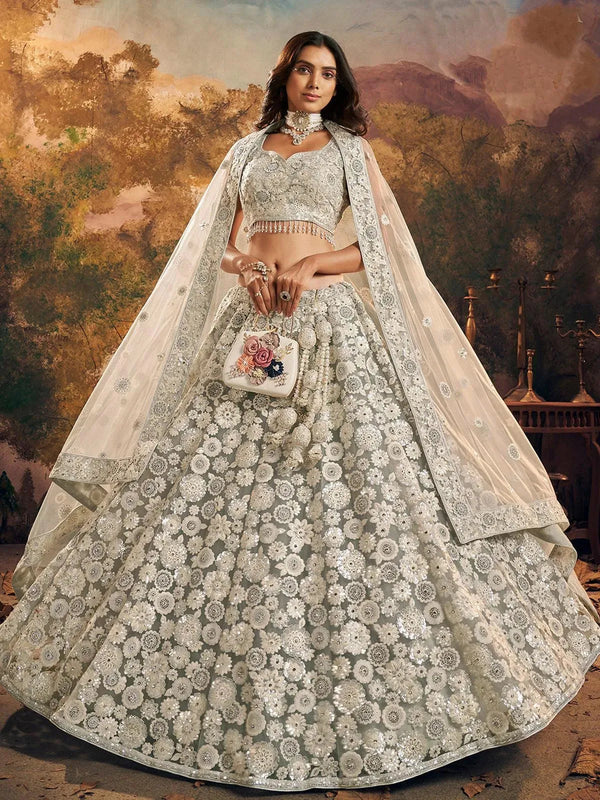 Wedding Wear Off White Net Embroidered Work Umbrella Lehenga Choli - VJV Now