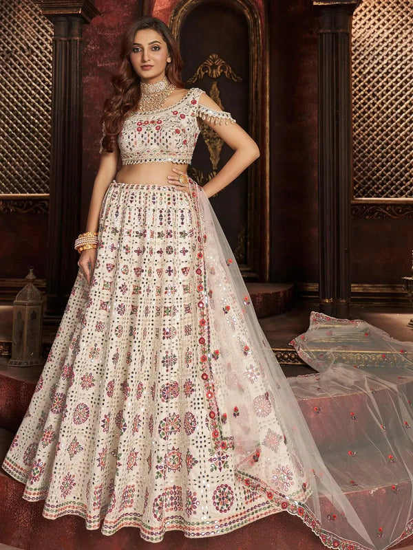 Wedding Wear Off White Organza Embroidered Net Bridal Umbrella Lehenga Coli - VJV Now