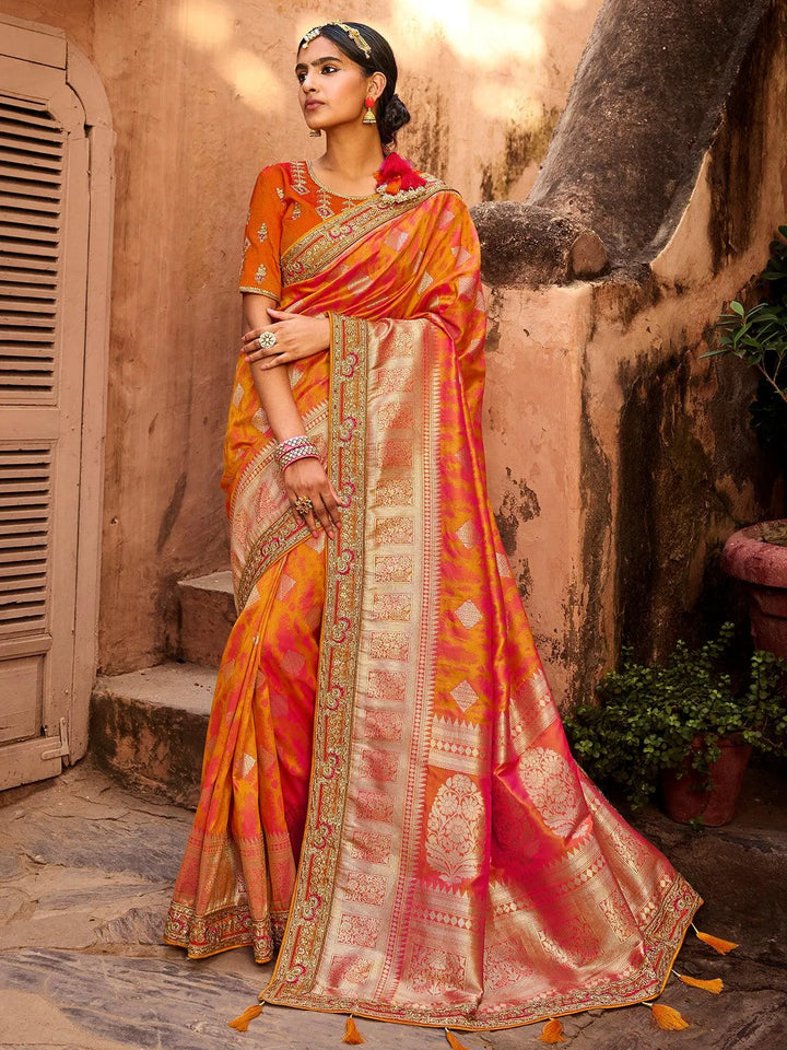 Wedding Wear Orange Banarasi Silk Saree - VJV Now