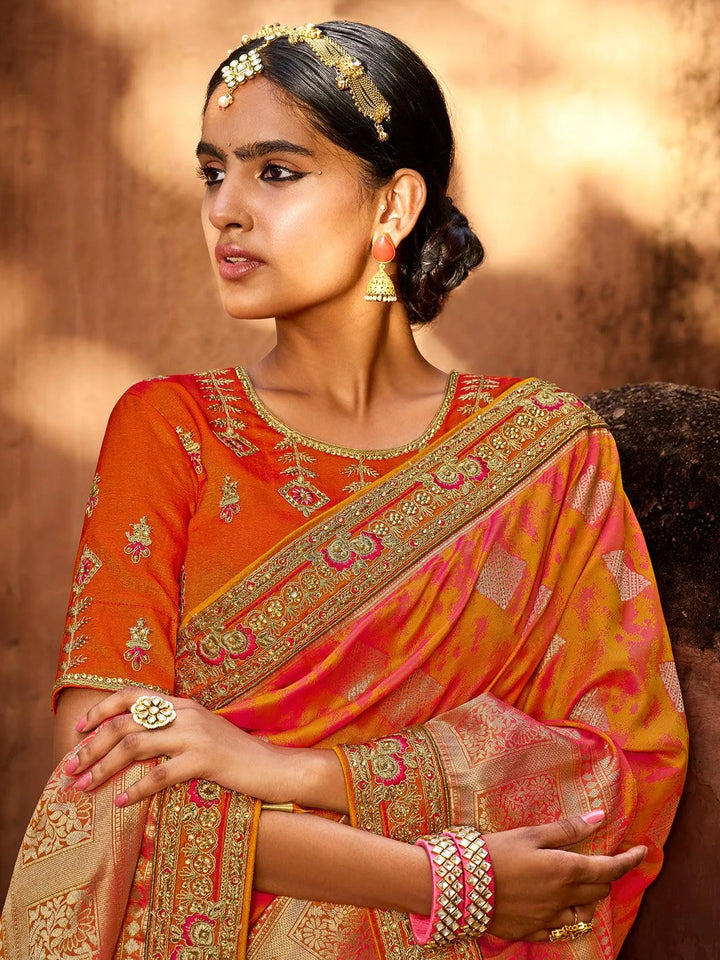 Wedding Wear Orange Banarasi Silk Saree - VJV Now