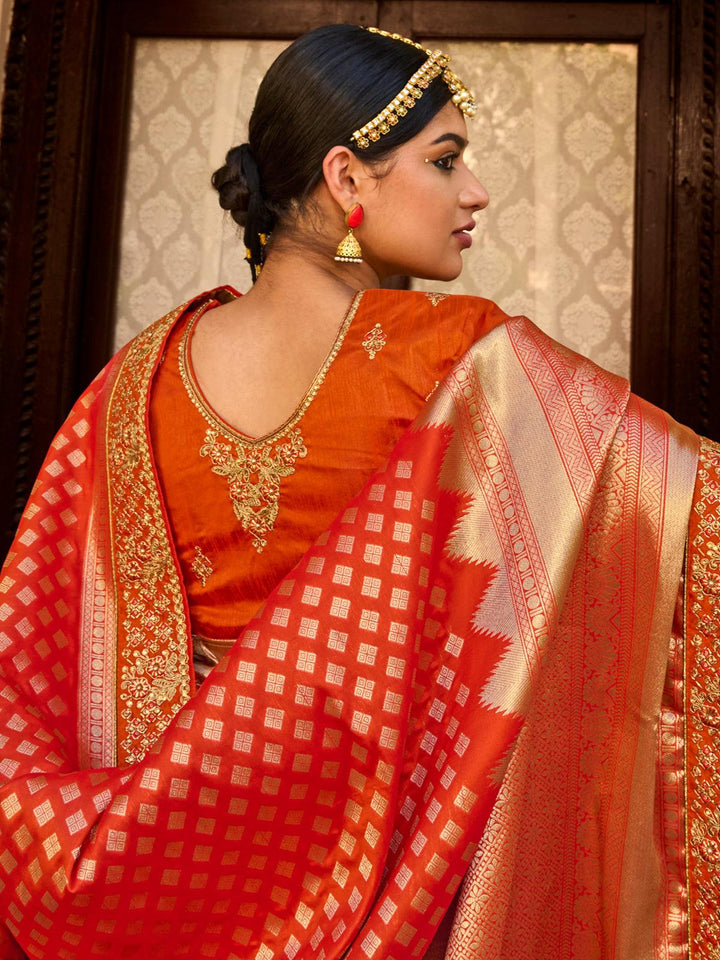 Wedding Wear Orange Banarasi Silk Saree - VJV Now