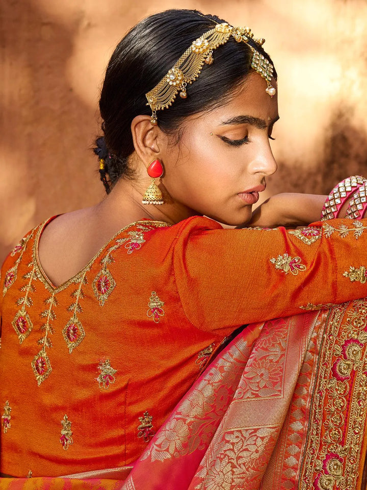 Wedding Wear Orange Banarasi Silk Saree - VJV Now