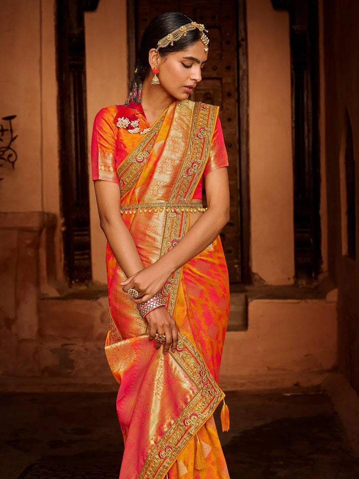 Wedding Wear Orange Banarasi Silk Saree - VJV Now