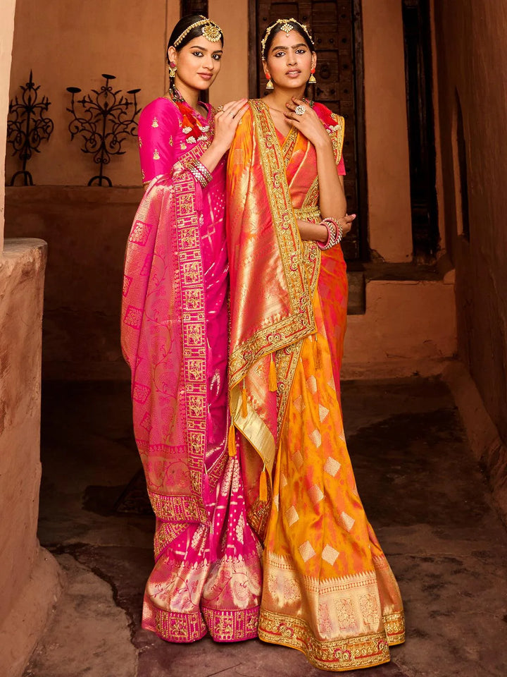 Wedding Wear Orange Banarasi Silk Saree - VJV Now