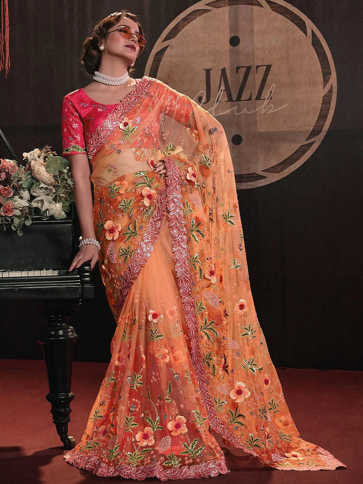 Wedding Wear Orange Embroidered Net Saree With Sequence Cut Dana Moti & Flower Heavy Work - VJV Now