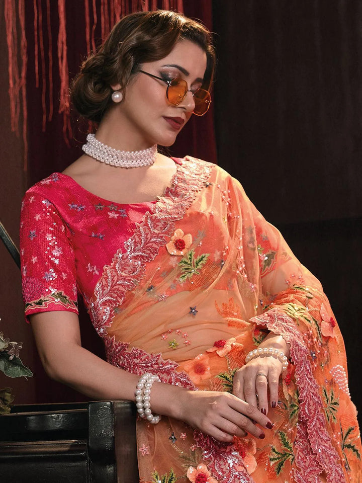 Wedding Wear Orange Embroidered Net Saree With Sequence Cut Dana Moti & Flower Heavy Work - VJV Now