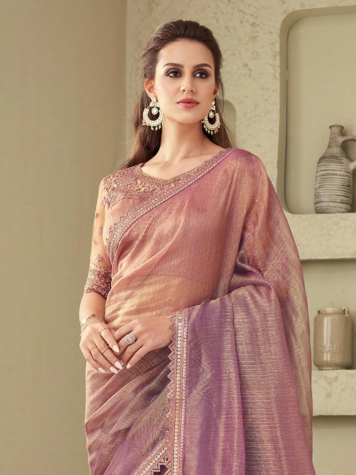 Wedding Wear Peach Embroidered Border Chiffon Silk Saree - VJV Now