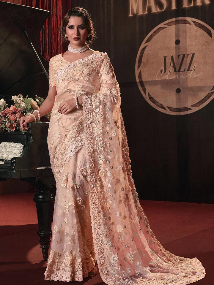 Wedding Wear Peach Embroidered Net Saree With Sequence Moti & Flower Heavy Work - VJV Now