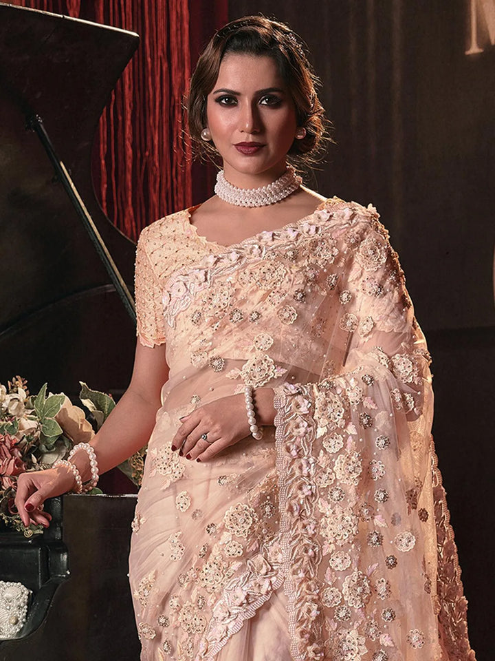 Wedding Wear Peach Embroidered Net Saree With Sequence Moti & Flower Heavy Work - VJV Now