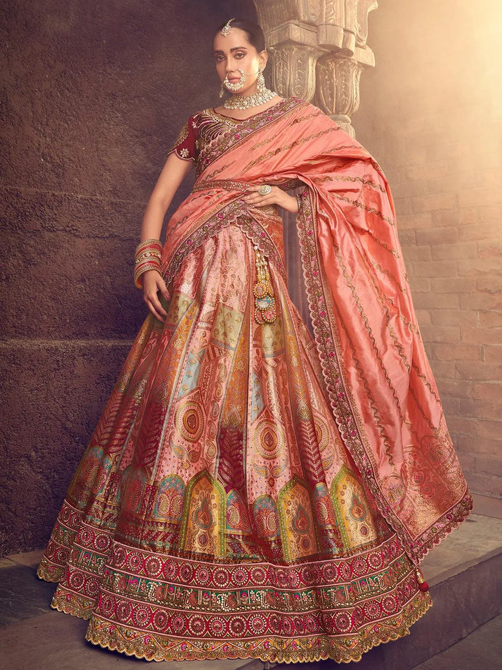 Wedding Wear Peach Embroidery With Sequins Umbrella Lehenga choli - VJV Now