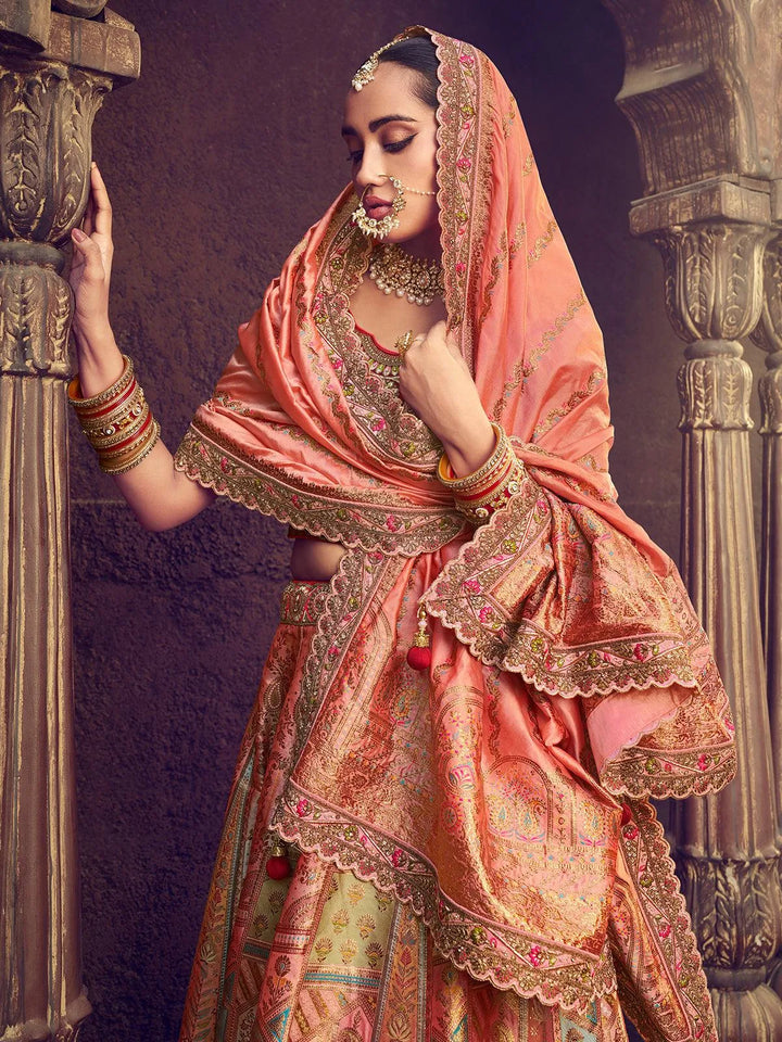 Wedding Wear Peach Embroidery With Sequins Umbrella Lehenga choli - VJV Now